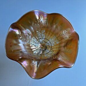 Vintage Fenton Marigold Carnival Glass Holly & Berry Fluted Candy Nut Dish Bowl